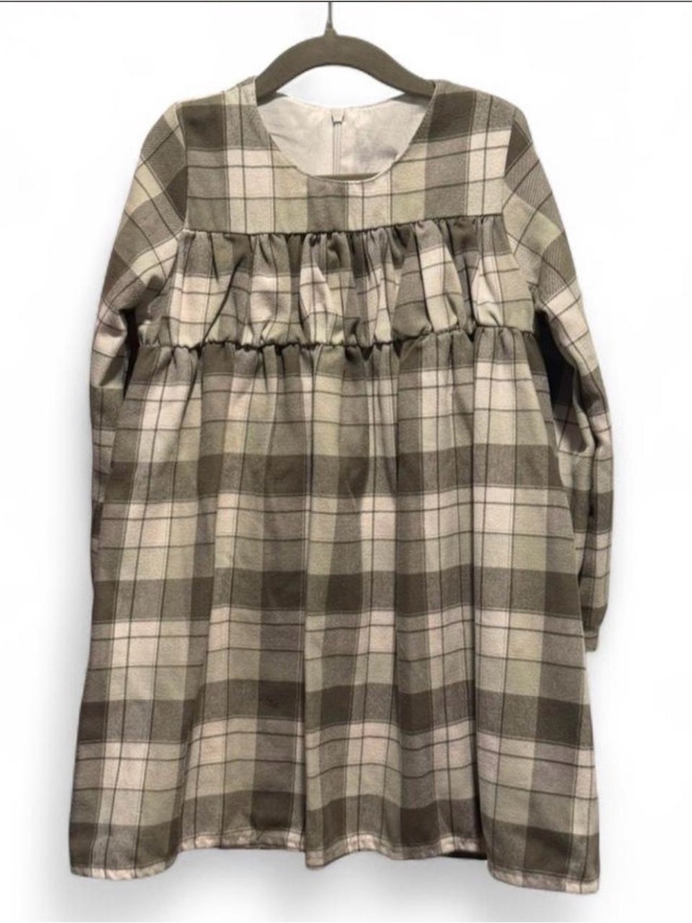 Girls Plaid Long-Sleeve Casual Dress in Brown & Cream